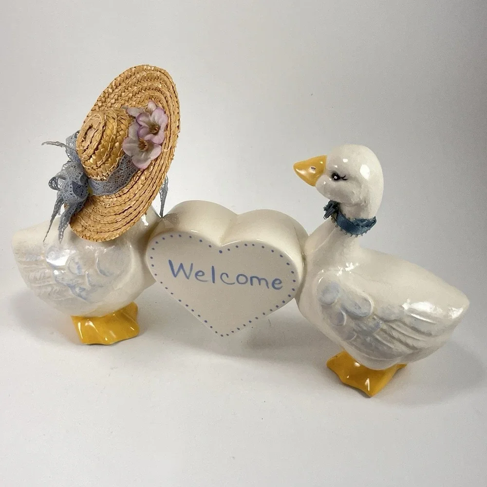 Vintage Goose Duck Figurine Welcome Blue Ribbon Hat Cottagecore Grandma Country